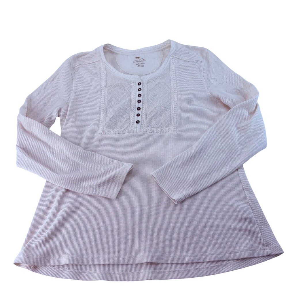 Bob Timberlake Womens XL Cream Waffle Knit Henley Embroidered Thermal Top 5504